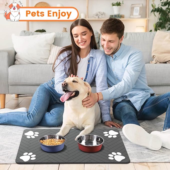 Pet Feeding Mat-Absorbent Pet Placemat for Food and Water Bowl, with Waterproof Rubber Backing, Quick Dry Water Dispenser Mat for Dog and Cat (20"x12", Black)