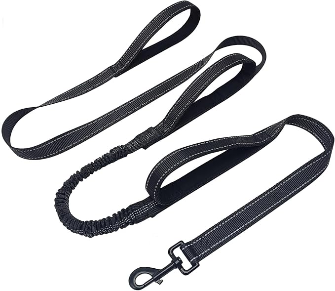 WYuZe 3 Handle Dog Leash for Medium Large Dogs - 7FT Reflective, Shock Absorbing Bungee, Heavy Duty Training Leash with Triple Padded Traffic Handles, Black