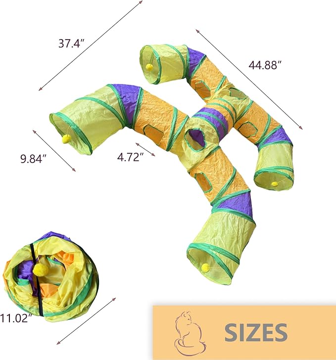 Foldable H-Shaped Cat Tunnel Toy with Interactive Playing Balls - 4 Exits for Cats, Kittens, Rabbits & Small Pets Collapsible Play Tube for Indoor Fun & Exercise (Colorful)