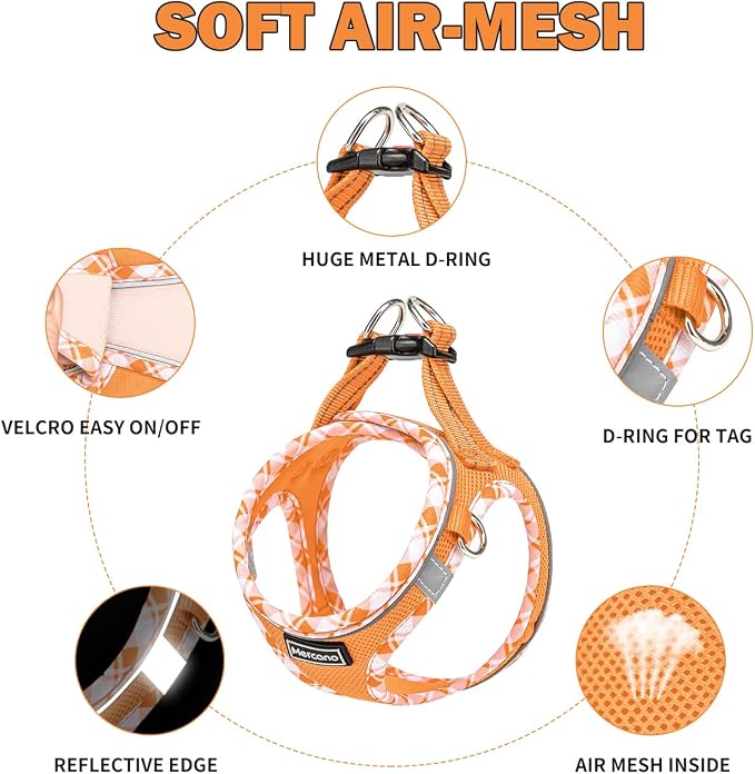 Mercano Soft Mesh Dog Harness and Leash Set, Step-in Reflective Breathable Lightweight Vest Harnesses with Safety Buckle for Small Dogs, Cats (Orange, S)