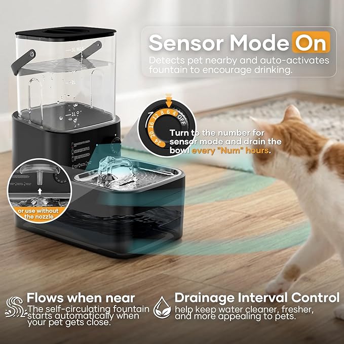 3L Filterless Cat Water Fountain, Wireless Motion Sensor Fountain with 4000mAh Battery, Stainless Steel Cat Bowls, Separate Water Tanks, Quiet – Black