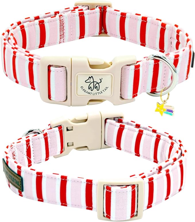 Elegant little tail Dog Collar, Cute Pink with Red Strip Pattern Pet Collars Soft Girl or Boy Adjustable Cotton Puppy Collar with Quick Release Buckle for Large Dogs