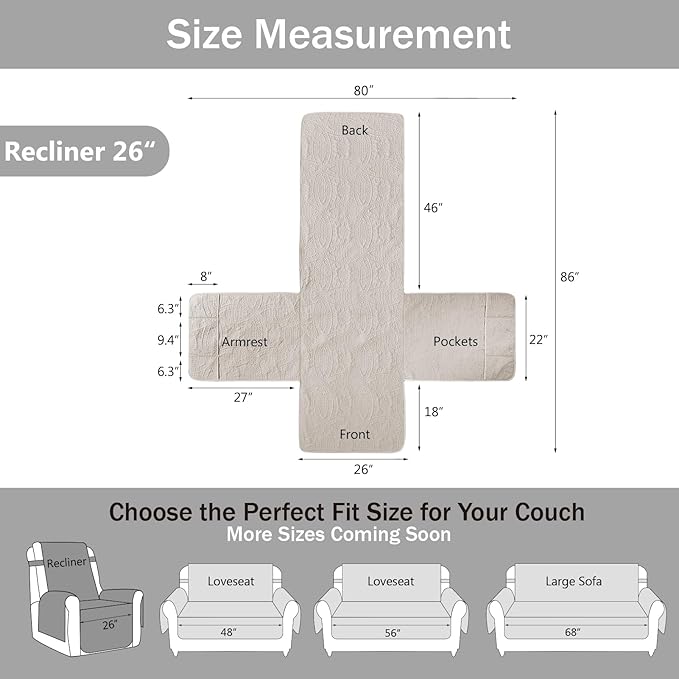 Brown Recliner TV Chair Covers, Quilted Décor Water-Repellent Medium Lazy Boy Chair Covers, Pet Friendly ReclinerSlipovers for Dogs Cats, Washable Couch Cover (Recliner 26", Chocolate)
