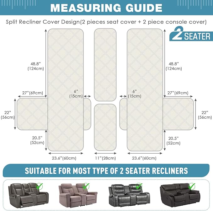 TAOCOCO Loveseat Recliner Cover with Center Console, 100% Waterproof Pet Covers for Dual Recliner with Straps Design, Split Reclining Loveseat Cover Furniture Pet&Kids Protector(2 Seater, Sky Blue)