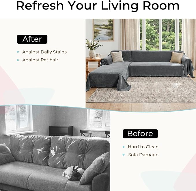 CAPALOCA Sectional Couch Covers, 2 Pieces Chenille Sofa Cover L Shaped Couch Cover Blanket for Dogs Washable Sofa Slipcovers Pet Furniture Protector (X-Large: 71" x 110" + 71" x 118", Dark Gray)