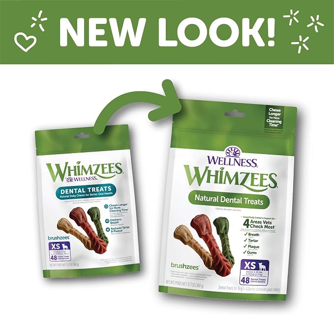 Wellness Whimzees Brushzees Natural Dog Dental Treat, VOHC Accepted Chews, Freshens Breath, Extra-Small Size, 12.7 oz Bag, 48 Count (Pack of 2)