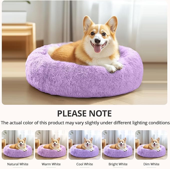 JOLLYVOGUE Calming Dog Beds Large Sized Dog, 36in Donut Washable Large Pet Bed, Anti-Slip & Anti-Anxiety Fluffy Faux Fur Round Dogs Bed, Fits up to 80 lbs Pets (Purple)