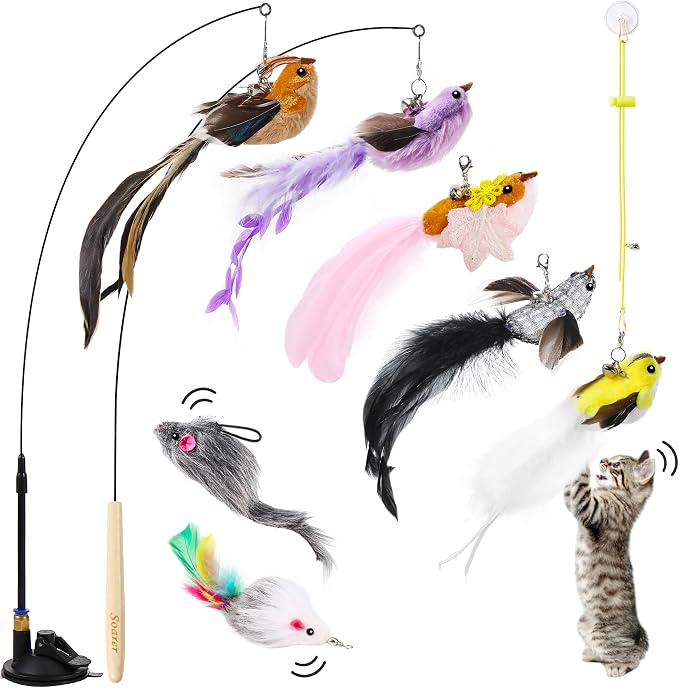 Soarer 3-in-1 Flying Bird Cat Toys - 7Pcs Wooden Cats Wand Toy Fishing Pole Cat Bird Toys Replacements,Interactive Enhanced Suction Cup and Door Hanging Cat String Toys for Indoor Kitten