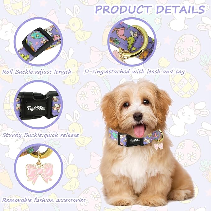 Easter Dog Collar with Cute Easter Themed Patterns, Small Purple Dog Collar with Exquisite Pendant, Durable Adjustable Collars for Gifts & Daily Use-S