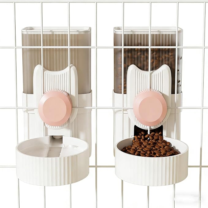 Pet Dog Cat Hanging Automatic Feeder and Water Dispenser Set, 2-in-1 Gravity Pet Food & Water Bowl for Cage, No-Spill Small Dog Rabbit Food Dispenser (Pink)