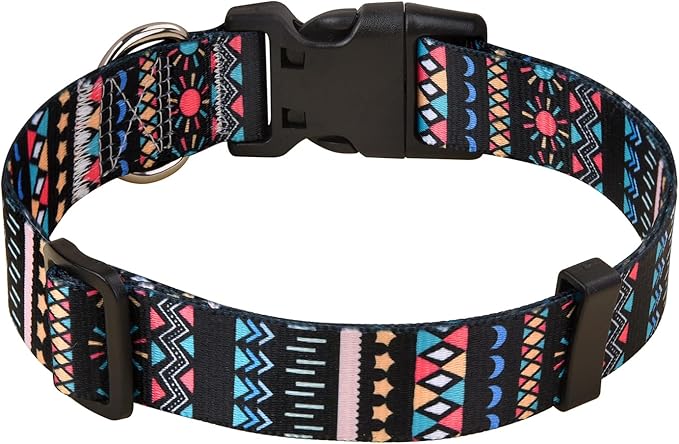 Mihqy Dog Collar with Bohemia Floral Tribal Geometric Patterns - Soft Ethnic Style Collar Adjustable for Small Medium Large Dogs(Black Bohemia,L)