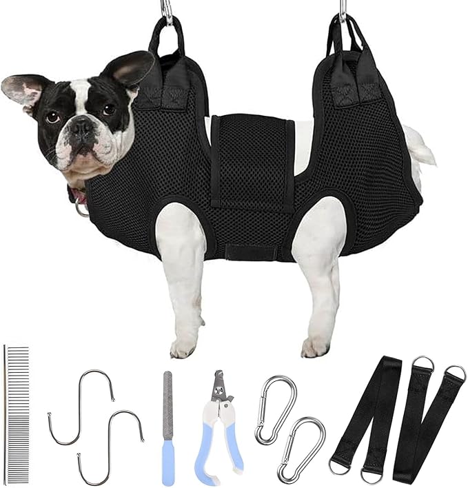 PatiencET Dog Grooming Hammock for Small Dogs Pet Hammock for Nail Trimming Dog Sling for Nail Clipping Dog Hanging Harness (Black S)