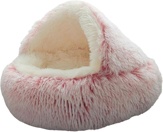 ZaneSun Calming Dog Bed & Cat Cave with Hooded Cover, Plush Fluffy Anti-Anxiety Cat Bed, Waterproof Bottom Washable (Pink, 25.6X25.6inch)