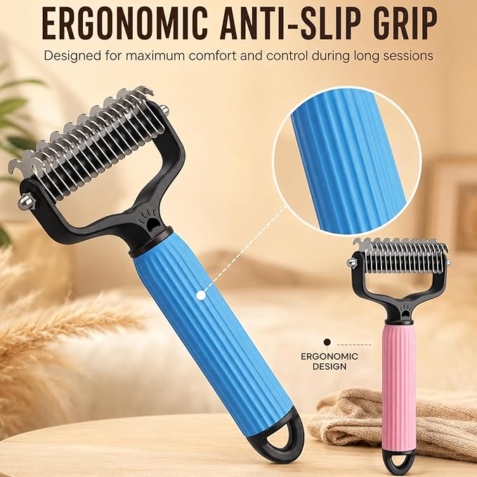 2PCS Pet Pro Grooming Tool, Dematting Comb for Dogs and Cats, Double Sided Undercoat Rake Pet Brush with 17 Teeth, Removes Tangles Knots and Loose Fur (Blue+Pink, Large)