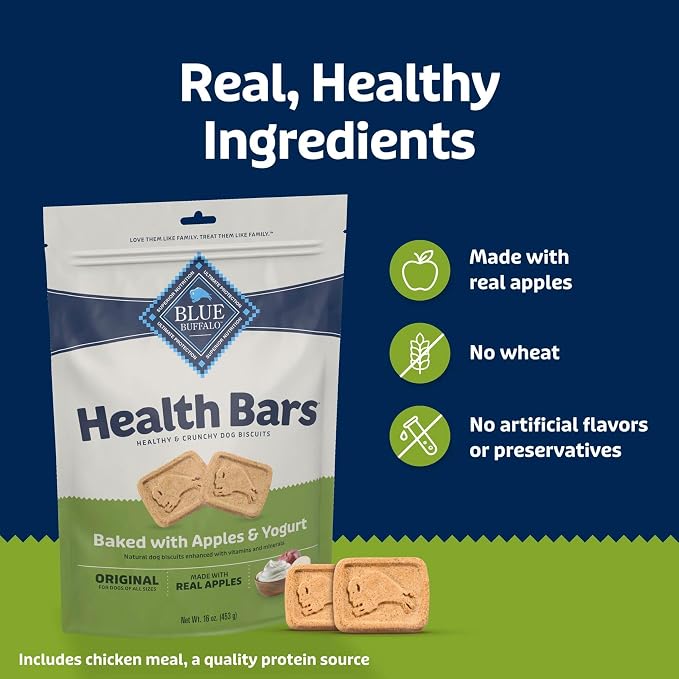 Blue Buffalo Health Bars Apples & Yogurt Crunchy Dog Biscuits, Oven-Baked with Real Apples & Natural Ingredients, Healthy Dog Treats with No Artificial Flavors or Preservatives, 16 oz.