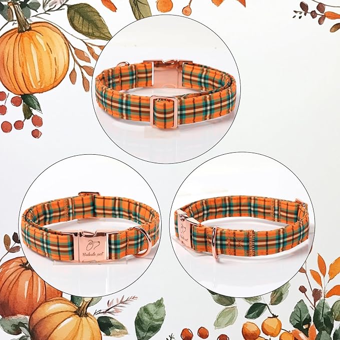 Fall Dog Collar for Small Dogs - Vintage Orange Green Plaid Tanksgiving Puppy Collar, Adjustable Heavy Duty Halloween Festivel Dog Collars with Metal Buckle S