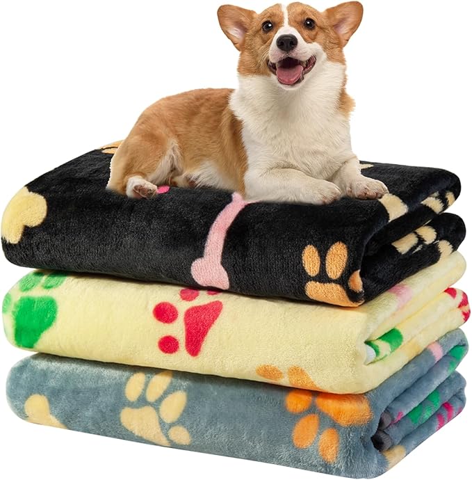 Dono 1 Pack 3 Blankets for Dogs, Soft Fluffy Paw Print Pattern Fleece Pet Blanket Warm Sleep Mat Cute Print Design Puppy Kitten Blanket Doggy Mat for Dog Doggy (Black/Yellow/Gray, M(30 * 20"))