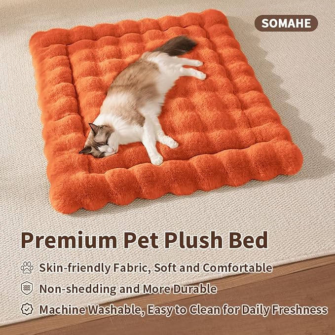SOMAHE Cat Bed Mat, Soft Plush Faux Fur Kneading Pet Bed, Machine Washable Cat Sleeping Pad for Indoor Cats & Kittens, Non-Slip Fluffy Cat Rug for Couch Sofa Floor, 23x15 Inch Orange