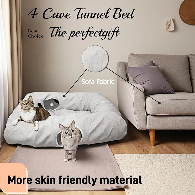 XxingSheep 4 Cave Premium Hemp Fabric XL Cat Tunnel Bed for Indoor Cats Cat Toys Cave Donut with Soft Mat