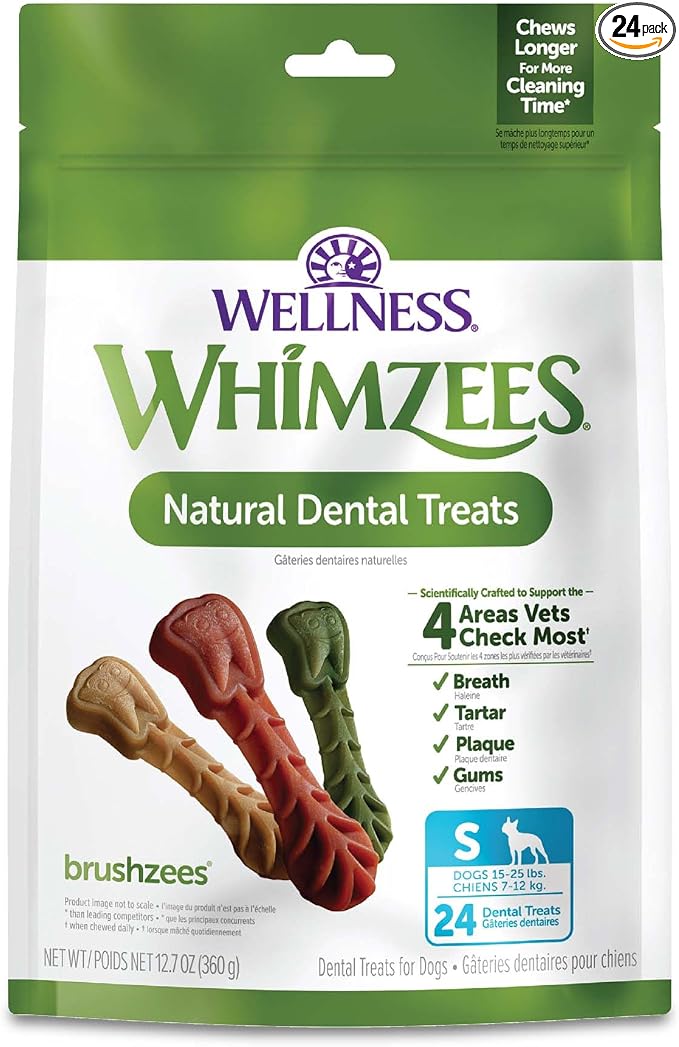 Whimzees Wellness Brushzees Natural Dog Dental Treat, VOHC Accepted Chews, Freshens Breath, Small Size, 12.7 oz Bag, 24 Count