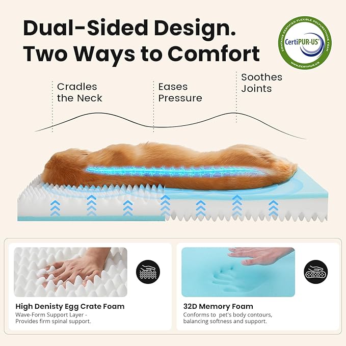 OhGeni Orthopedic Waterproof Dog Bed for Large Dogs, Machine-Washable Removable Cover in Easy-Clean Fabric, Reversible Memory Foam & Easy-Carry Handle, Suitable for Crate, 41 inch (Brown)