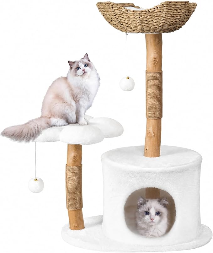 Easyego Modern Cat Tree, 36.6" Aesthetic Wood Cat Tree Tower for Large Cats, Luxury Cat Condo with Scratching Posts and Flower Platforms, Cat Furniture, White