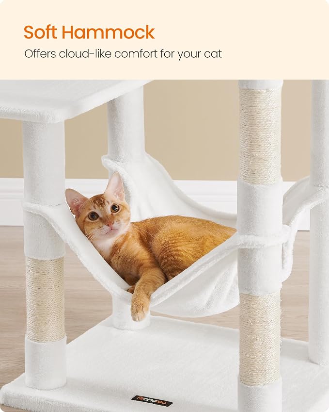 Feandrea Cat Tree, 54.2-Inch Cat Tower, Plush Multi-Level Condo with 4 Scratching Posts, 2 Perches, Hammock, Cave, Cream White UPCT161T01