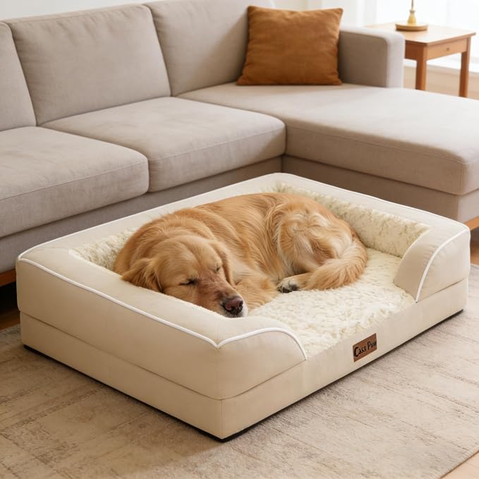 Orthopedic Dog Beds for Large Sized Dogs 35x22 Inch, Medium Waterproof Egg Crate Foam Dog Sofa Bed with Removable Washable Cover Pet Couch with Bolster Side & Non-Slip Bottom, Beige