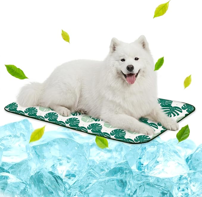 NWK Pet Cooling Mat for Large Dogs -Q-Max>0.345 Ice Silk Cooling Mat for Dogs & Cats Portable & Washable Pet Cooling Blanket, Car Seats, Beds for Summer (Green Leaf, 39'' X 27'' X 0.3'')