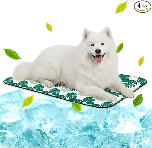NWK Pack of 4 Pet Cooling Mat for Large Dogs -Q-Max>0.345 Ice Silk Cooling Mat for Dogs & Cats Portable & Washable Pet Cooling Blanket for Summer (4pcs, Green Leaf, 39'' X 27'' X 0.3'')
