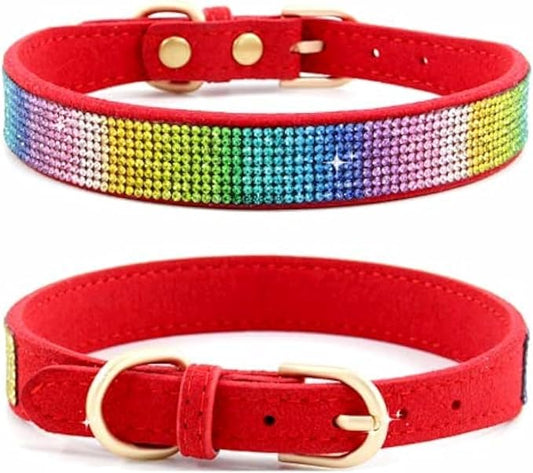 Rhinestone Dog Collar, Cute Dazzling Sparkling Soft Suede Leather Dog Cat Rhinestone Collar Crystal Diamond Pet Dog Puppy Collar (XS, Red-3)