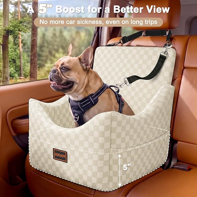 JOEJOY Elevated Dog Car Seat for Small/Medium Dogs up to 35 lbs, Memory Foam Booster Seat with Detachable Washable Cover, Travel-Safe Car Bed with Safety Belts & Storage Pockets, Beige