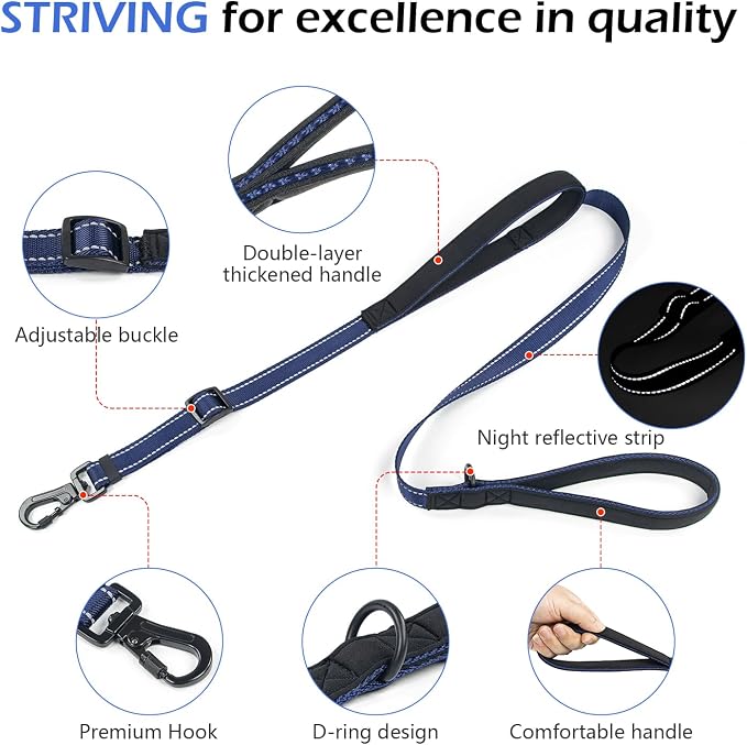Reflective Double Handle Dog Leash for Large Dogs, Heavy Duty Adjustable Leash with Soft Padded Handles, Traffic Control Training Lead for Walking, Running (Royal Blue, 4ft)