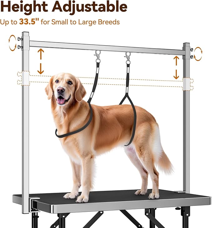 niffgaff Dog Grooming Table with Arm, Hammock & Nooses, 30" H Foldable Heavy Duty Pet Grooming Station, 35.5" L×23.6" W Non-Slip Waterproof Tabletop, 33.5" Height Adjustable Stainless H-Frame Arm | Foldable, Heavy Duty, 35.5"L×23.6"W Non-Slip Waterproo...