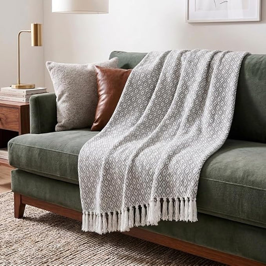 Americanflat 50x60 Throw Blanket - Soft and Breathable Cotton Throw Blanket for Couch, Bed, Chair - Decorative Blankets Perfect for Home or Outdoor Use - Cloud Grey and White Mini Diamond Design