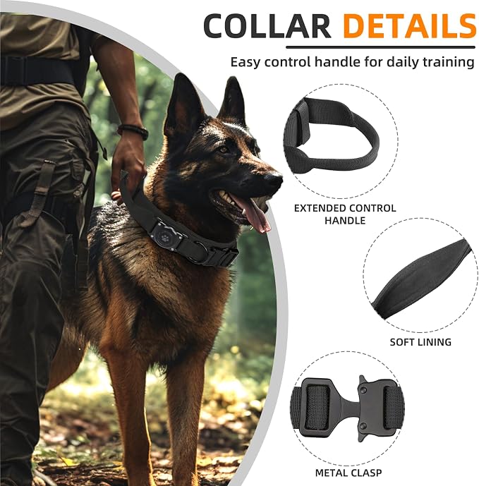 Tactical AirTag Dog Collar, 100% Waterproof Integrated Apple Air Tag Dog Collars with Hard PC AirTag Holder, Adjustable Military Collar with Handle, GPS Dog Collar for Medium Large Dogs(Black,M)
