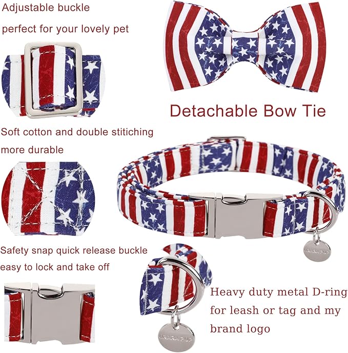 Dog Collar with Bow Tie, 4th of July Comfortable Cotton Dog Collar, American Flag Collar for Large Girl Boy Dog, Patriotic Bowtie Collar with Metal Buckle, L
