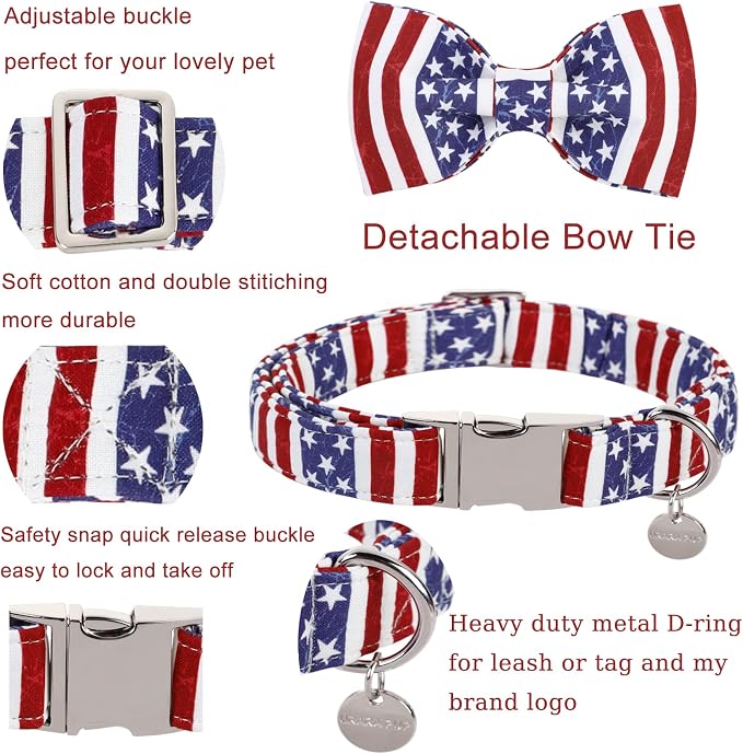 Dog Collar with Bow Tie, 4th of July Comfortable Cotton Dog Collar, American Flag Collar for X-Large Girl Boy Dog, Patriotic Bowtie Collar with Metal Buckle, XL