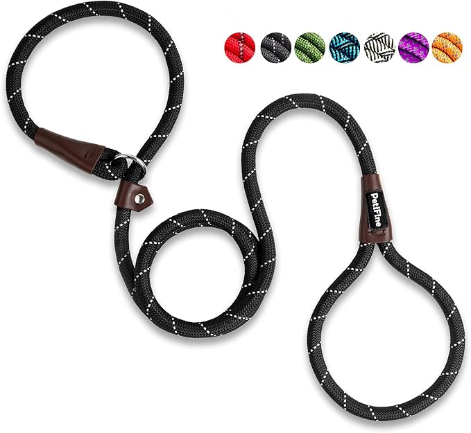 PetiFine Slip Lead Dog Leash - 6FT x 1/2" Reflective Durable Training Rope, Heavy Duty Adjustable Nylon for Small Medium Large Dogs (Black)