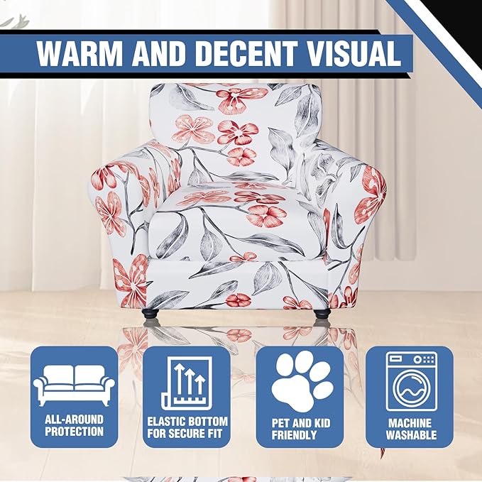 Stretch Couch Covers, Floral Printed Sofa Covers,2 Piece Armchair Slipcover with Separate Sect Cover,Washable Sofa Slipcover, Pet Friendly Furniture Protector Fit for Home (Armchair,Red Flower)