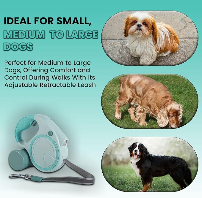 Retractable Dog Fancy Leash with Flashlight and Dispenser, 16 ft Dog Retractable Leash is Perfect for Safe and Comfortable Walking with Your Pet - Suitable for Dogs - Green
