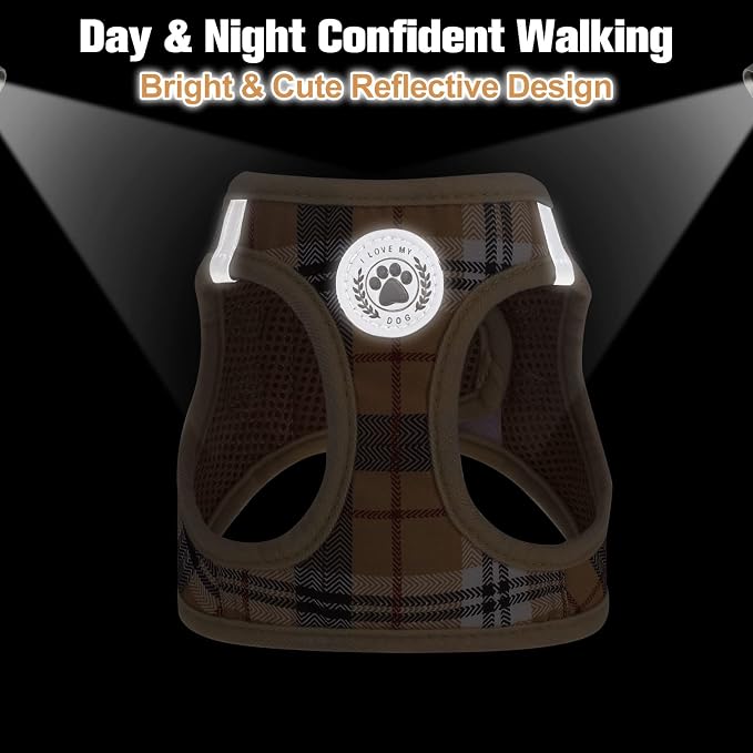 BEAUTYZOO Small Dog Harness and Leash Set,Step in No Choke No Pull Soft Mesh Dog Harnesses Reflective for Extra-Small/Small Medium Puppy Dogs and Cats, Plaid Dog Vest Harness for XS S Pets, Beige M