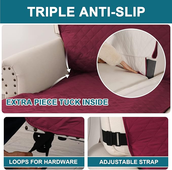 Turquoize 100% Waterproof Sofa Covers Chaise Lounge L Shape Sofa Protector Slip Cover Triple Non-Slip Sofa Slipcover for Sectional Couch Cover for Pets, Kids (Chaise, Burgundy)