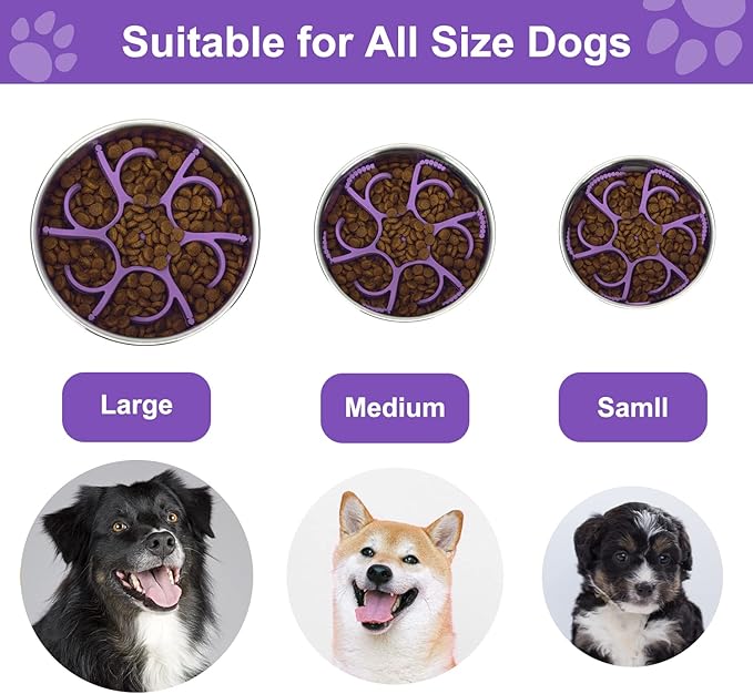 Anipaw Dog Slow Feeder Bowls Silicone Spiral Pet Food Feeder Insert to Slow Down Eating for Large Medium Small Breed Dogs Perfect with Stainless Steel Glass Ceramic Pet Bowls (Purple)