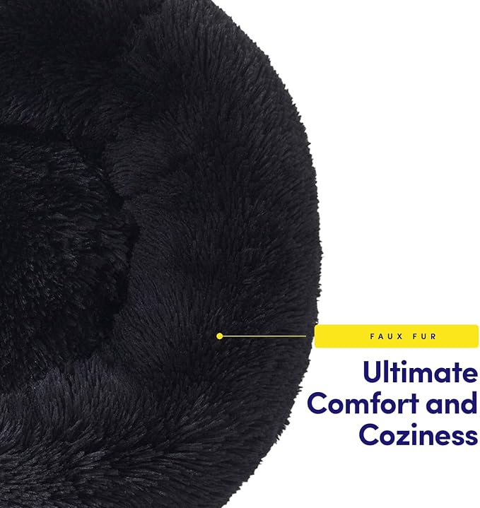 Dog & Cat Bed: Round Faux Fur Pet Bed - Plush, Cozy, & Calming Donut Bed for Small Pets - Soft & Comfortable Sleeping Cushion for Napping & Lounging, 20" Round, Black