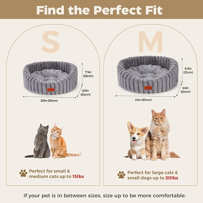 Avont Fluffy Cat Bed for Indoor Cats, Cozy Plush Sleeping Nest for All Sleep Styles, Washable Removable Cushion & Anti-Slip Base, Calming Round Bed for Kittens & Small Dogs – Grey(S)