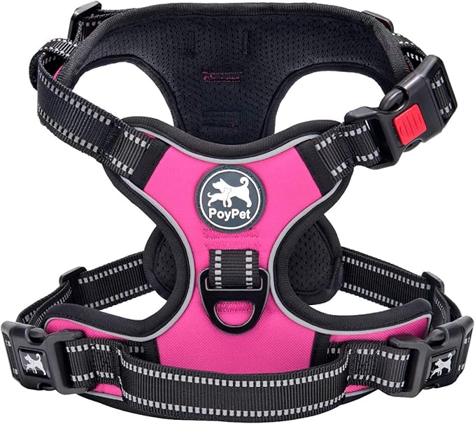 PoyPet No Pull Dog Harness, No Choke Front Lead Dog Reflective Harness, Adjustable Soft Padded Pet Vest with Easy Control Handle for Small to Large Dogs(Pink,L)