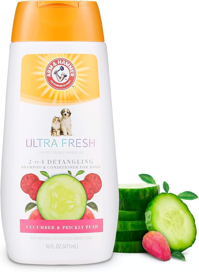 Arm & Hammer Ultra Fresh 2 in 1 Detangling Dog Shampoo and Conditioner Baking Soda Deodorizer Moisturizing Pet Wash Tangles Odor Control Cucumber Prickly Pear Scent 16 FL OZ Single Bottle Detangling