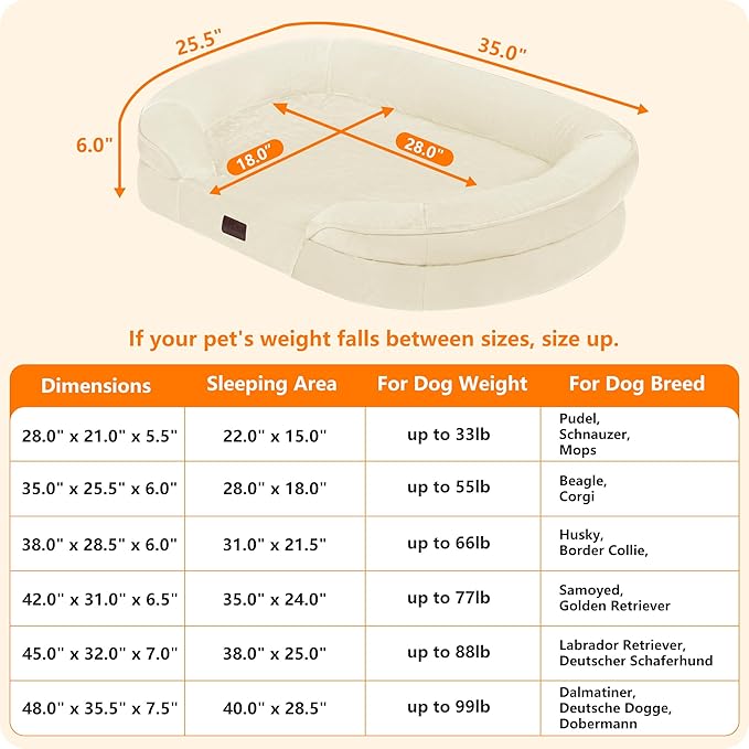 Dwanton Orthopedic Dog Bed for Medium Dogs with Gel Memory Foam, Waterproof Dog Sofa, Washable Pet Bed with Four Sided Bolster Cushion, Removable Cover & Non-Slip Bottom, 36", Beige