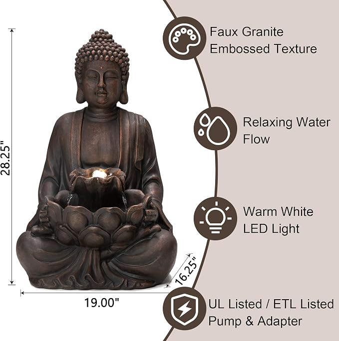 Glitzhome Buddha Fountain with Pump & LED Light, 2 Tier Zen Style Meditating Buddha Water Fountain Outdoor Fountains and Waterfalls Outdoor Buddha Statues for Garden Patio Backyard 28.25" H